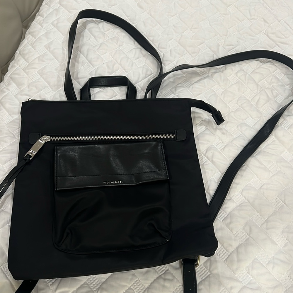 Tahari black nylon mini backpack with belt straps